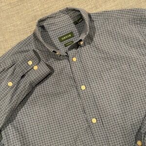 Orvis Mens Active Fit Blue Grey Micro Check Long Sleeve Button Down Shirt Large